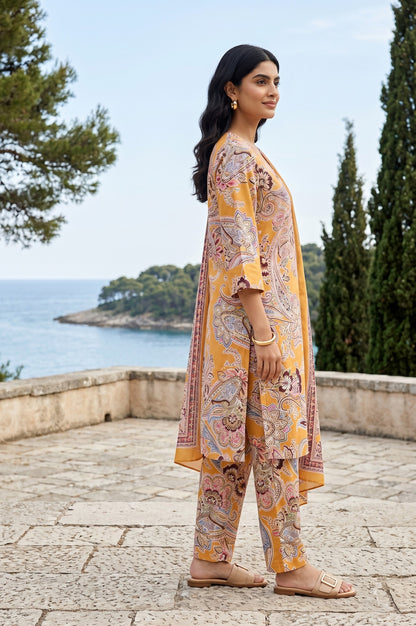 Mustard Paisley Printed Satin Straight Kurta With Pants And Dupatta Set