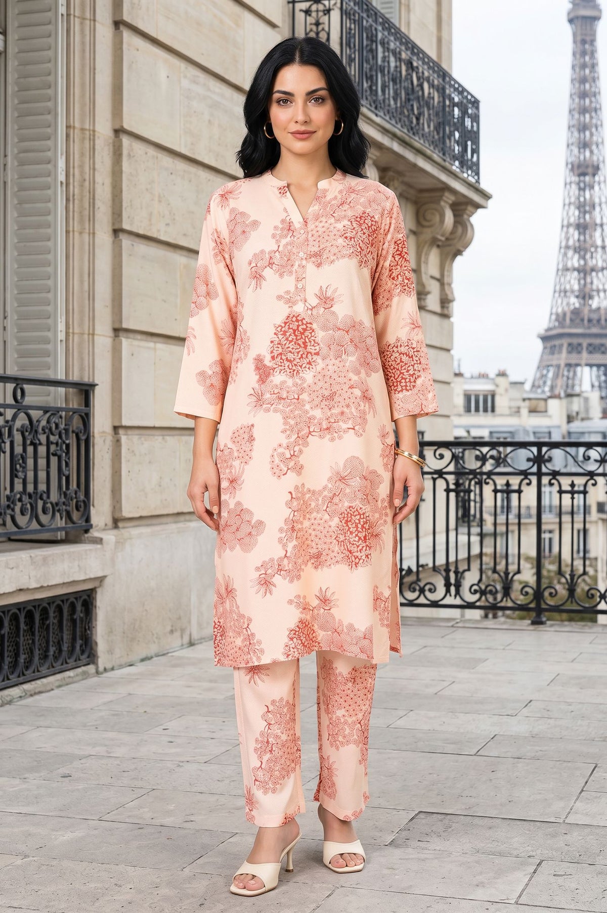 Peach Floral Printed Rayon Straight Kurta with Pants Co-ord Set