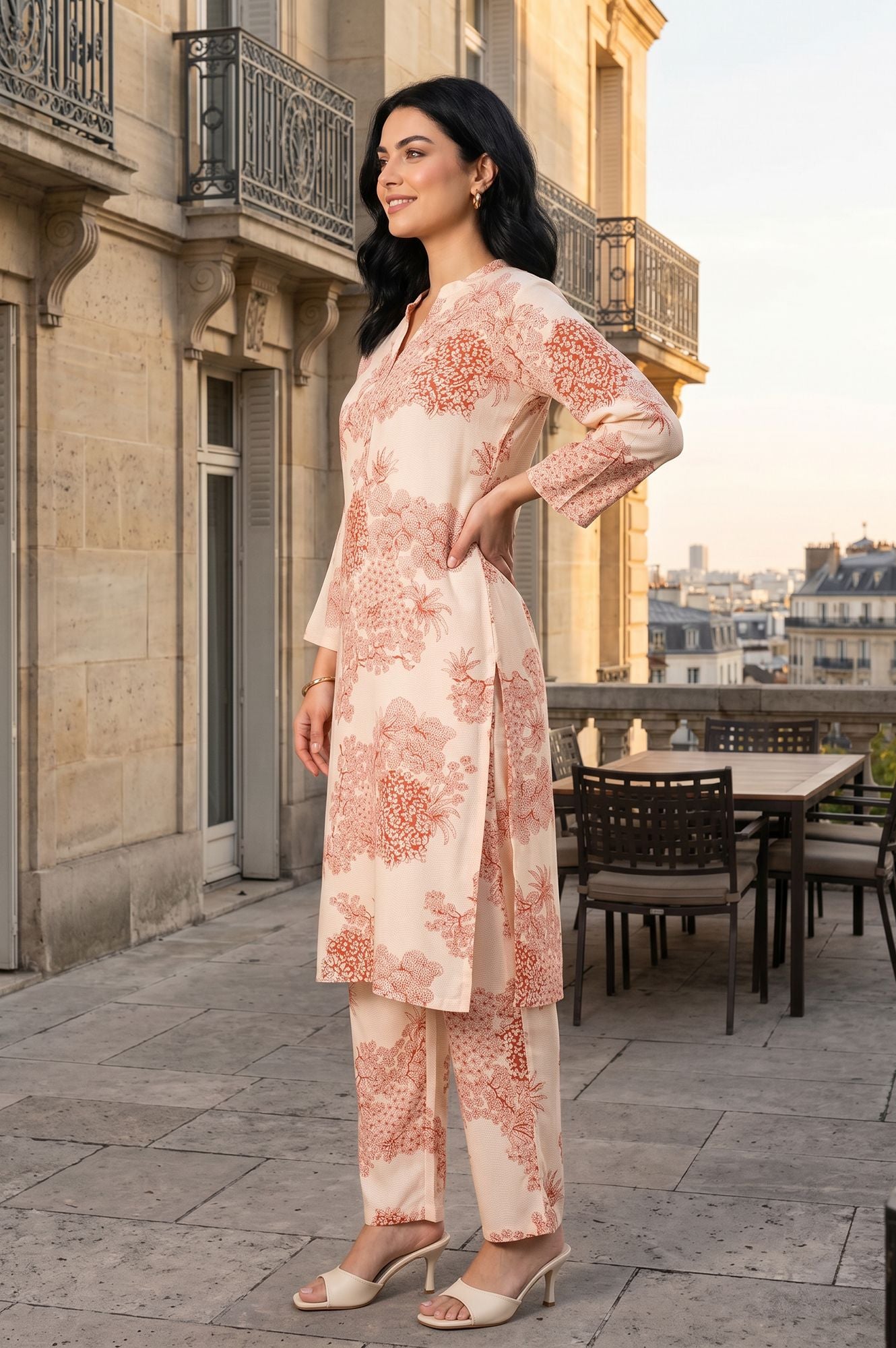 Peach Floral Printed Rayon Straight Kurta with Pants Co-ord Set