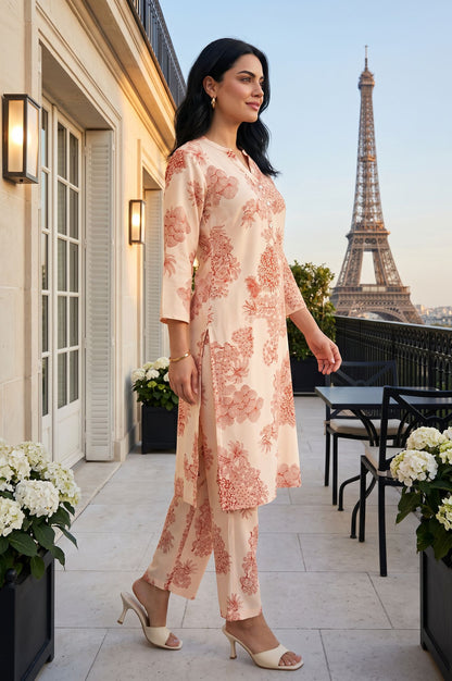Peach Floral Printed Rayon Straight Kurta with Pants Co-ord Set