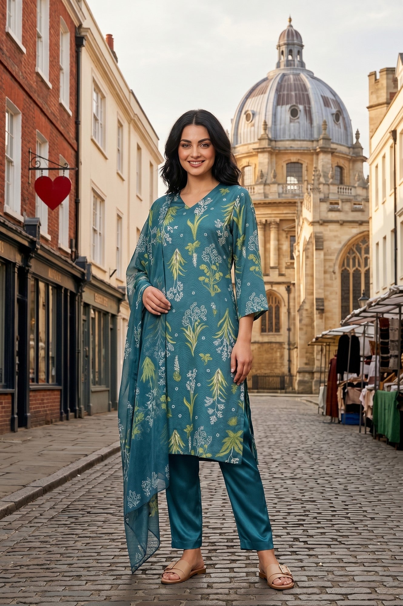 Teal Botanical Printed Satin Straight Kurta With Pants And Dupatta Set