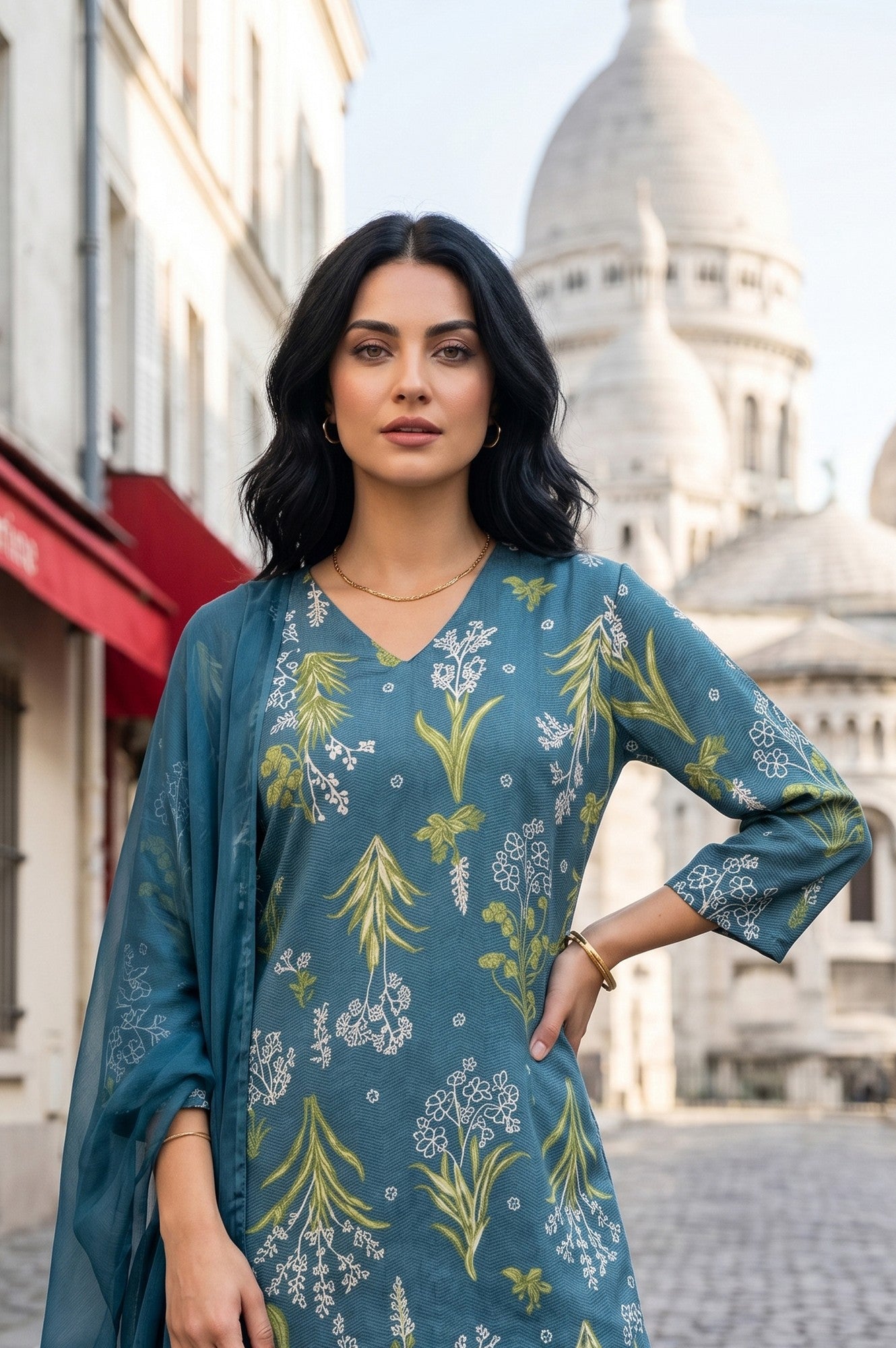 Teal Botanical Printed Satin Straight Kurta With Pants And Dupatta Set