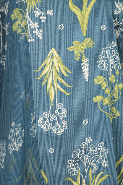 Teal Botanical Printed Satin Straight Kurta With Pants And Dupatta Set