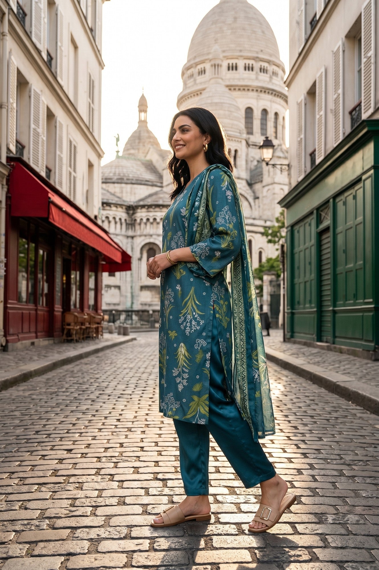 Teal Botanical Printed Satin Straight Kurta With Pants And Dupatta Set