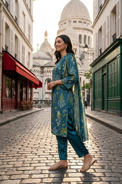 Teal Botanical Printed Satin Straight Kurta With Pants And Dupatta Set