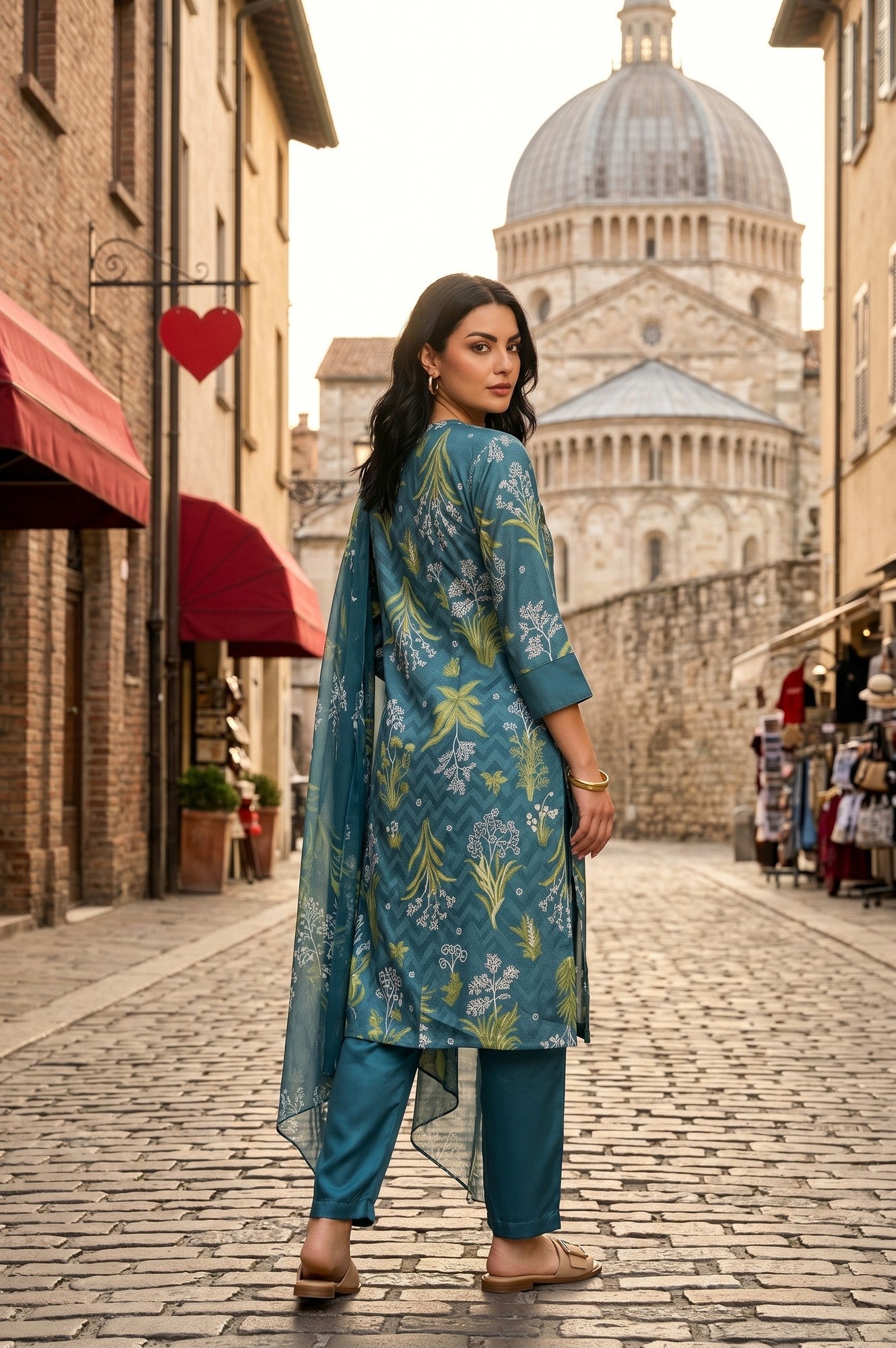 Teal Botanical Printed Satin Straight Kurta With Pants And Dupatta Set