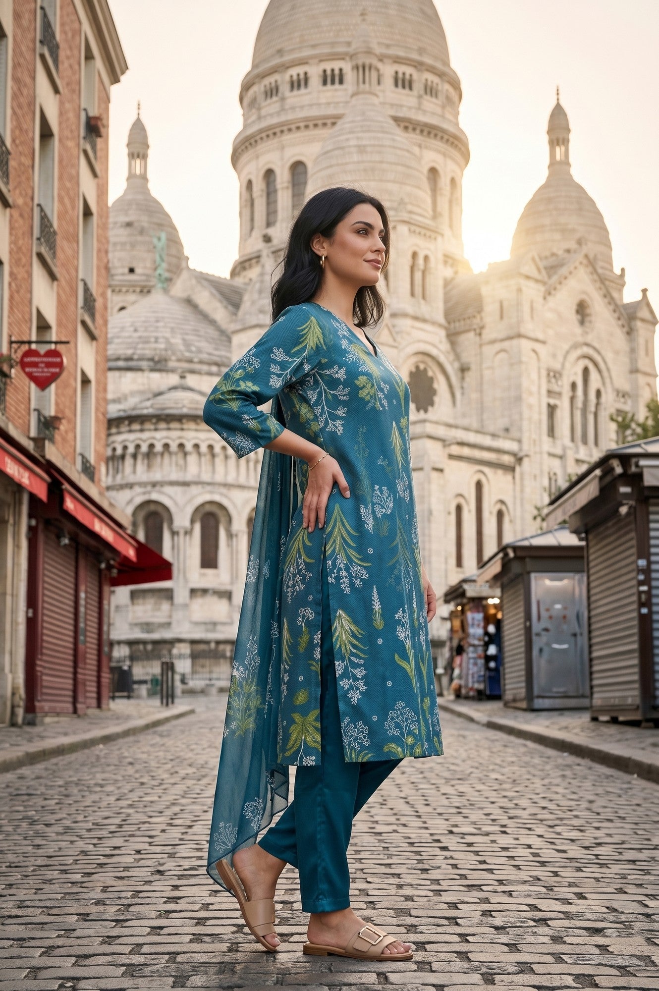 Teal Botanical Printed Satin Straight Kurta With Pants And Dupatta Set