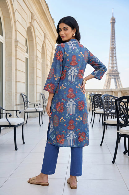Blue Floral Printed Pure Cotton Straight Kurta With Pants Co-ord Set