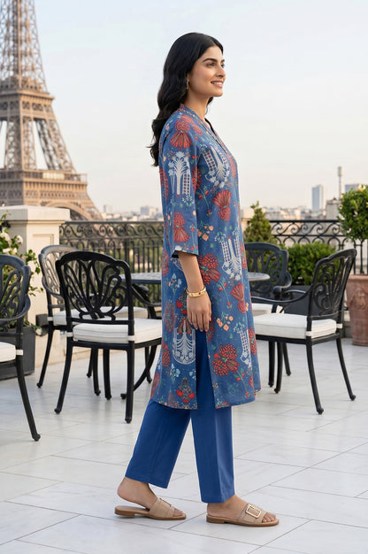 Blue Floral Printed Pure Cotton Straight Kurta With Pants Co-ord Set