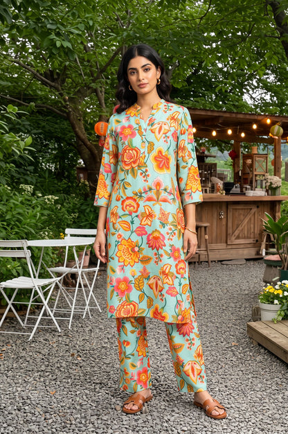 Sea Green Floral Printed Straight Kurta with Pants Co-ord Set