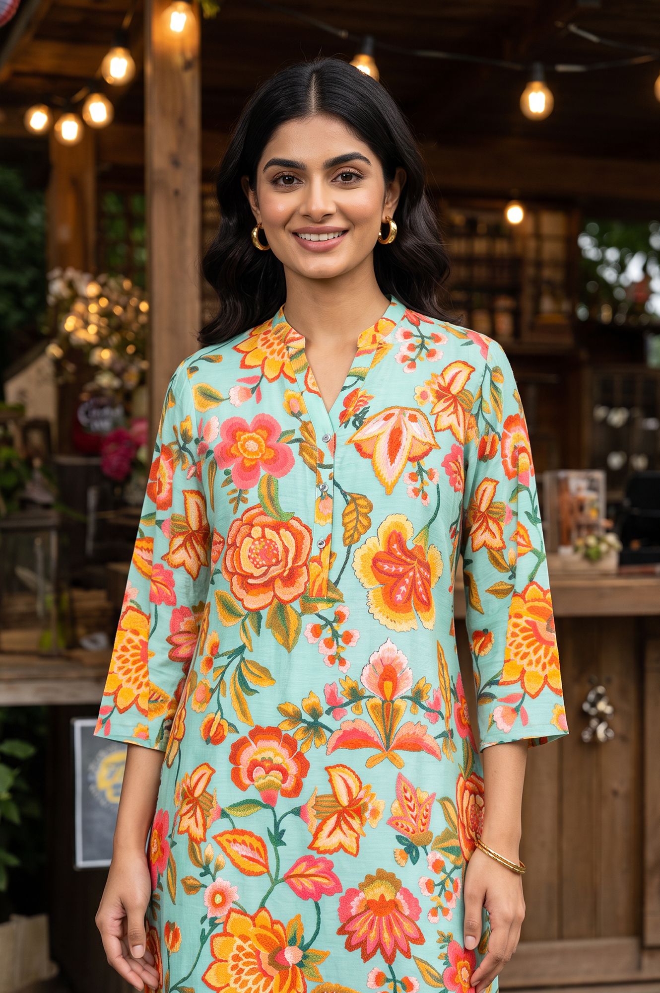 Sea Green Floral Printed Straight Kurta with Pants Co-ord Set