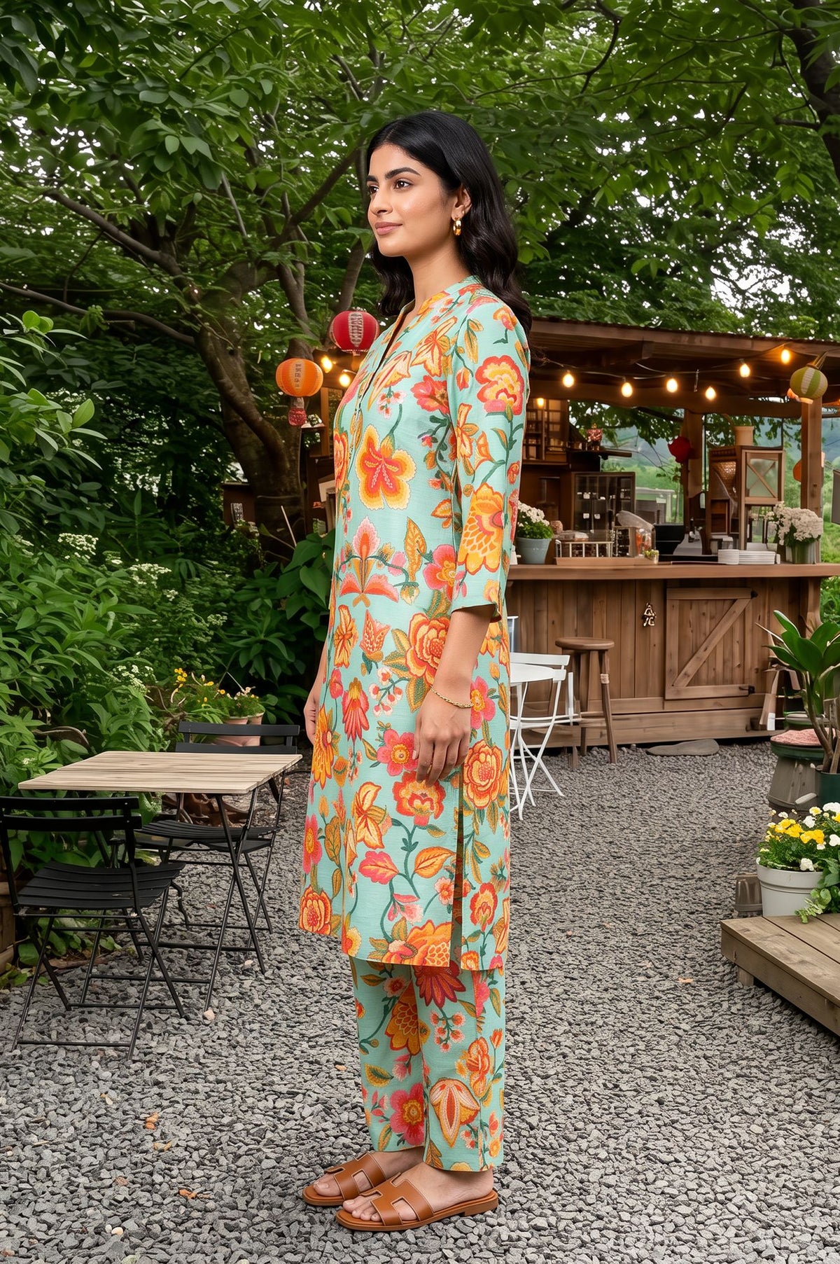 Sea Green Floral Printed Straight Kurta with Pants Co-ord Set