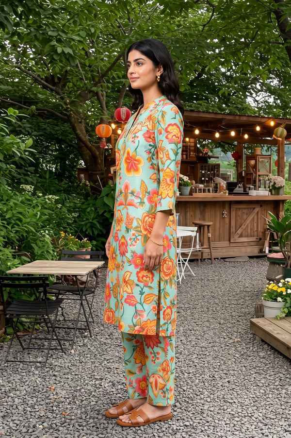 Sea Green Floral Printed Straight Kurta with Pants Co-ord Set