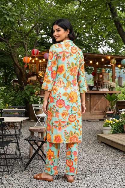 Sea Green Floral Printed Straight Kurta with Pants Co-ord Set
