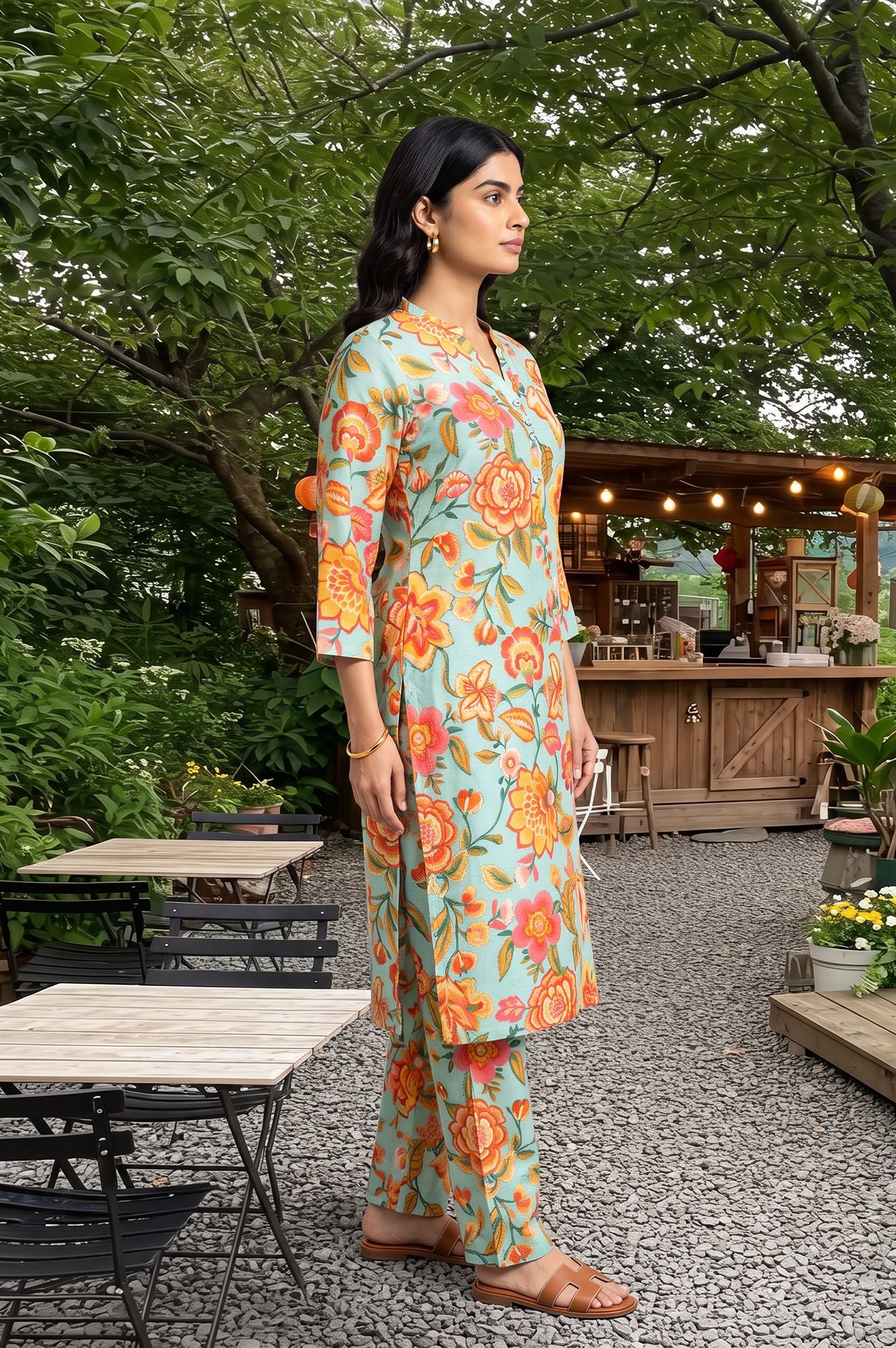 Sea Green Floral Printed Straight Kurta with Pants Co-ord Set