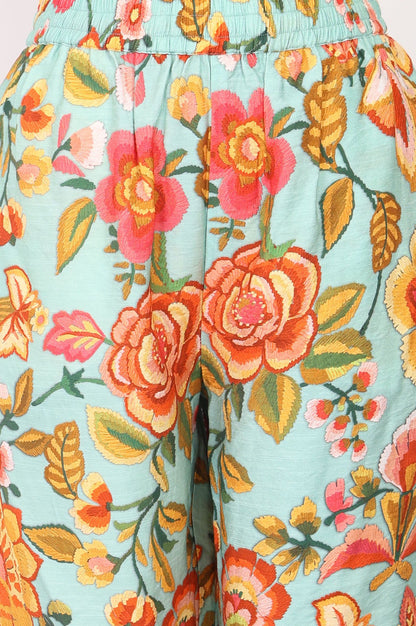 Sea Green Floral Printed Straight Kurta with Pants Co-ord Set