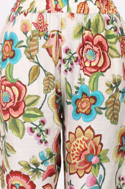 Off White Floral Printed Straight Kurta with Pants Co-ord Set