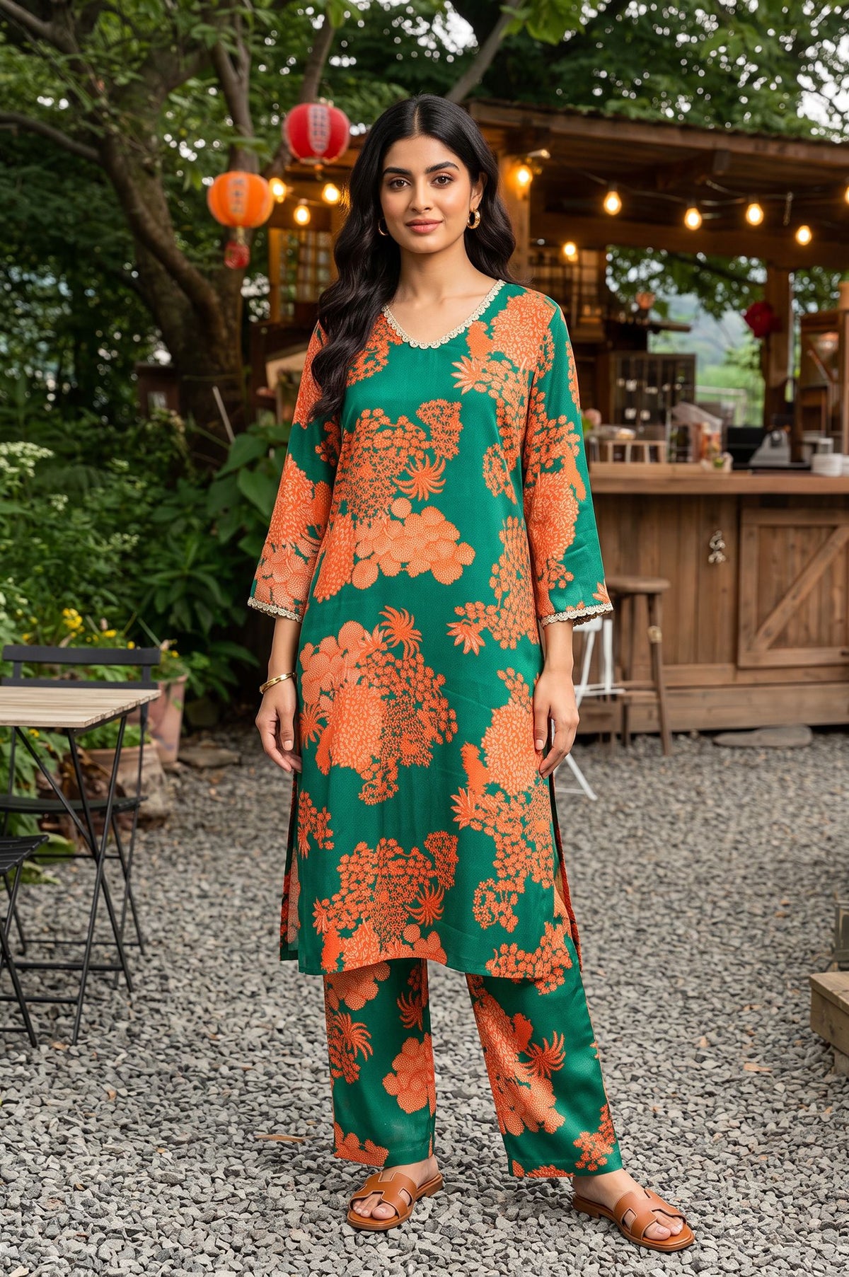 Green Floral Printed Satin Straight Kurta with Pants Co-ord Set - XS
