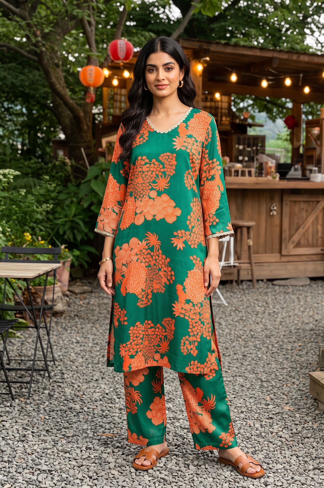 Green Floral Printed Satin Straight Kurta with Pants Co-ord Set