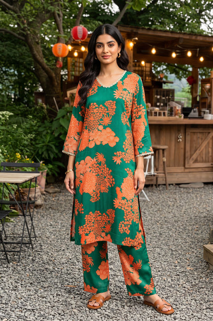 Green Floral Printed Satin Straight Kurta with Pants Co-ord Set
