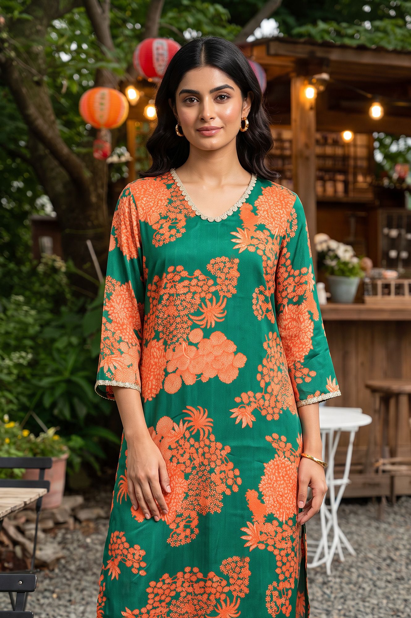 Green Floral Printed Satin Straight Kurta with Pants Co-ord Set