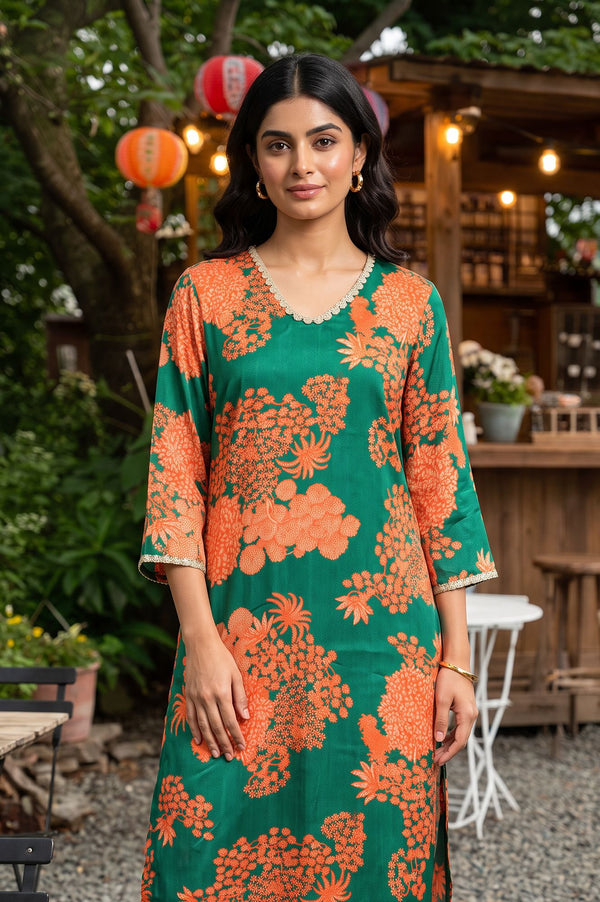 Green Floral Printed Satin Straight Kurta with Pants Co-ord Set