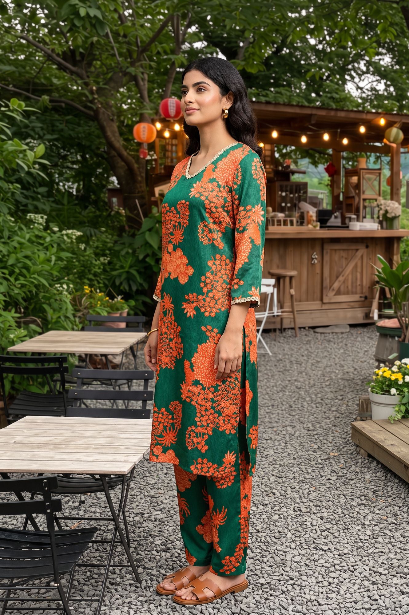 Green Floral Printed Satin Straight Kurta with Pants Co-ord Set