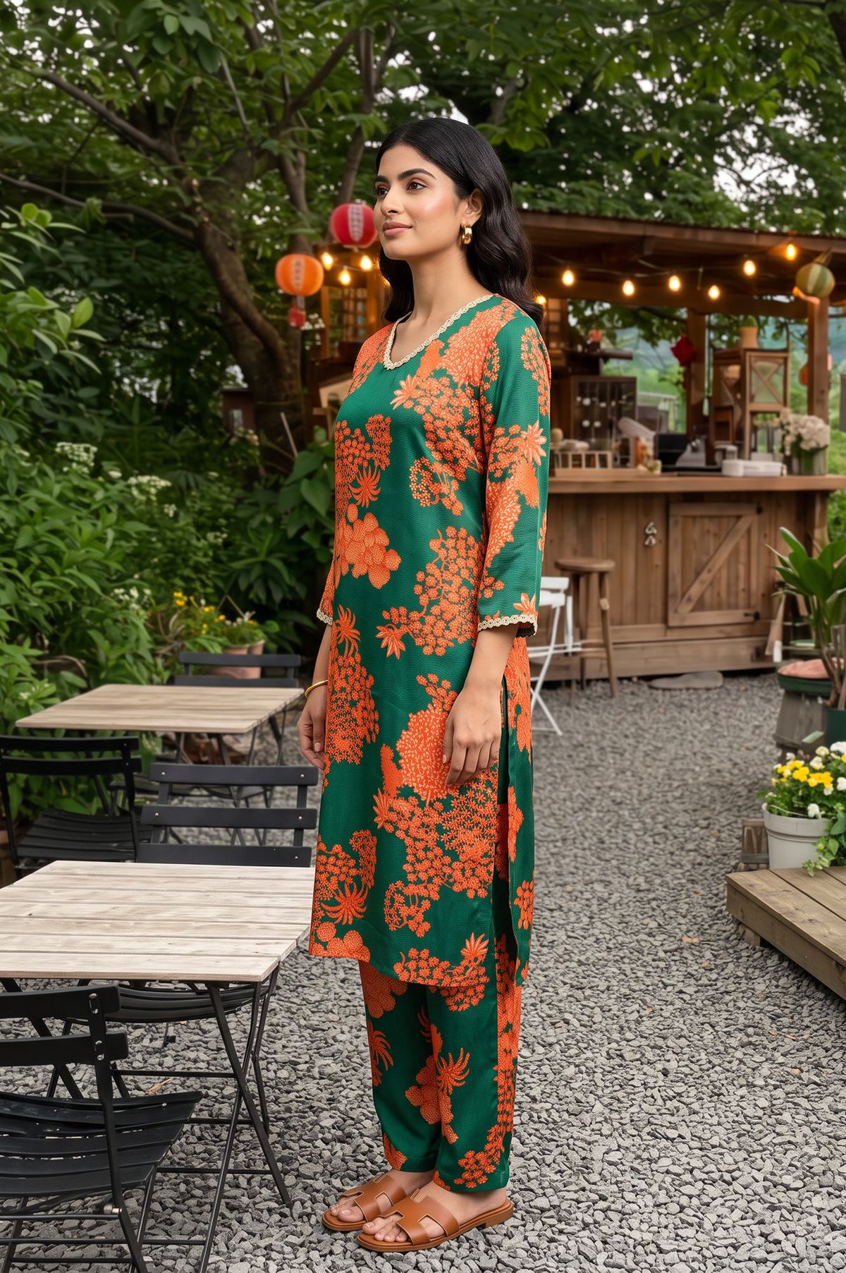 Green Floral Printed Satin Straight Kurta with Pants Co-ord Set