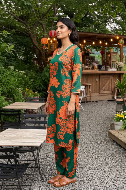 Green Floral Printed Satin Straight Kurta with Pants Co-ord Set