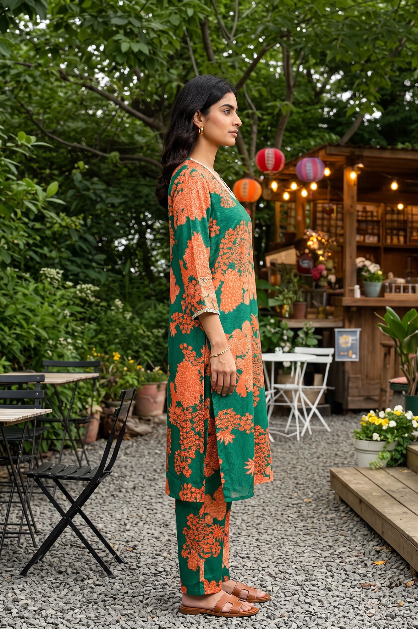 Green Floral Printed Satin Straight Kurta with Pants Co-ord Set