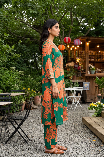 Green Floral Printed Satin Straight Kurta with Pants Co-ord Set