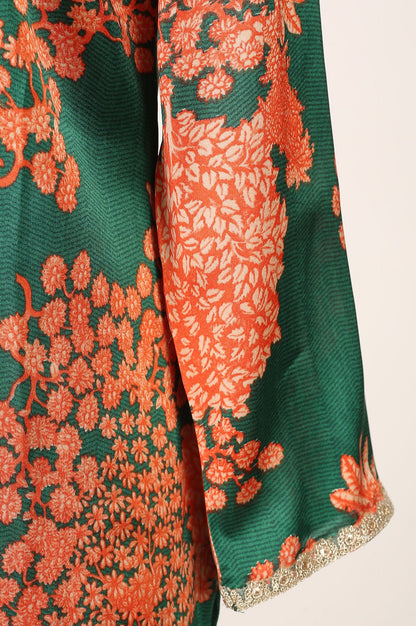 Green Floral Printed Satin Straight Kurta with Pants Co-ord Set