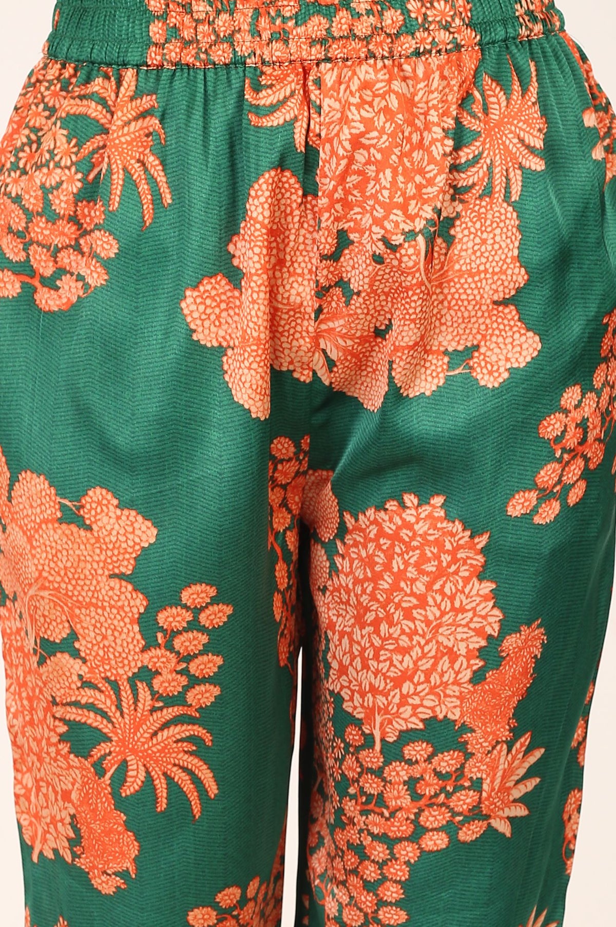Green Floral Printed Satin Straight Kurta with Pants Co-ord Set