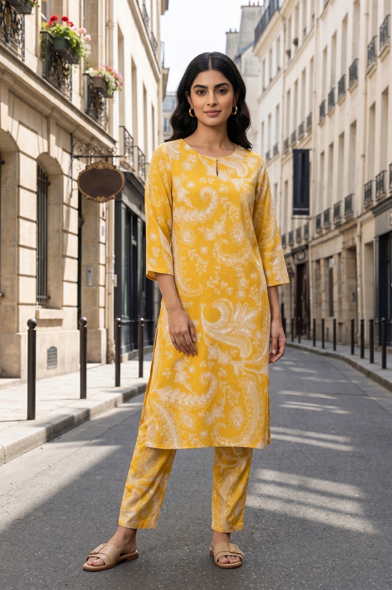 Mustard Paisley Printed Satin Straight Kurta With Pants Co-ord Set