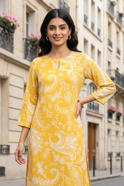Mustard Paisley Printed Satin Straight Kurta With Pants Co-ord Set