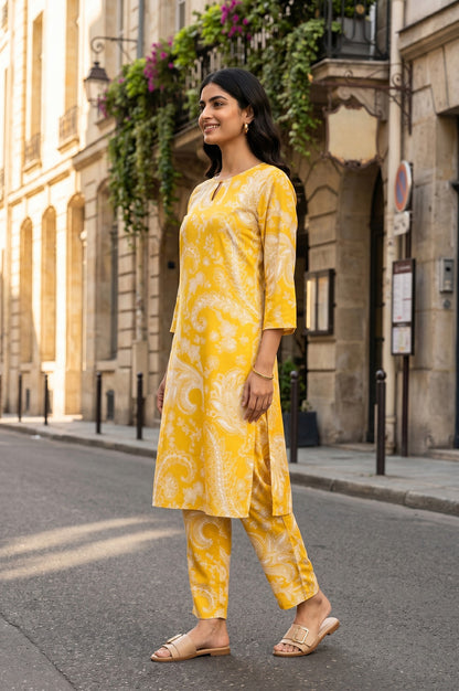 Mustard Paisley Printed Satin Straight Kurta With Pants Co-ord Set
