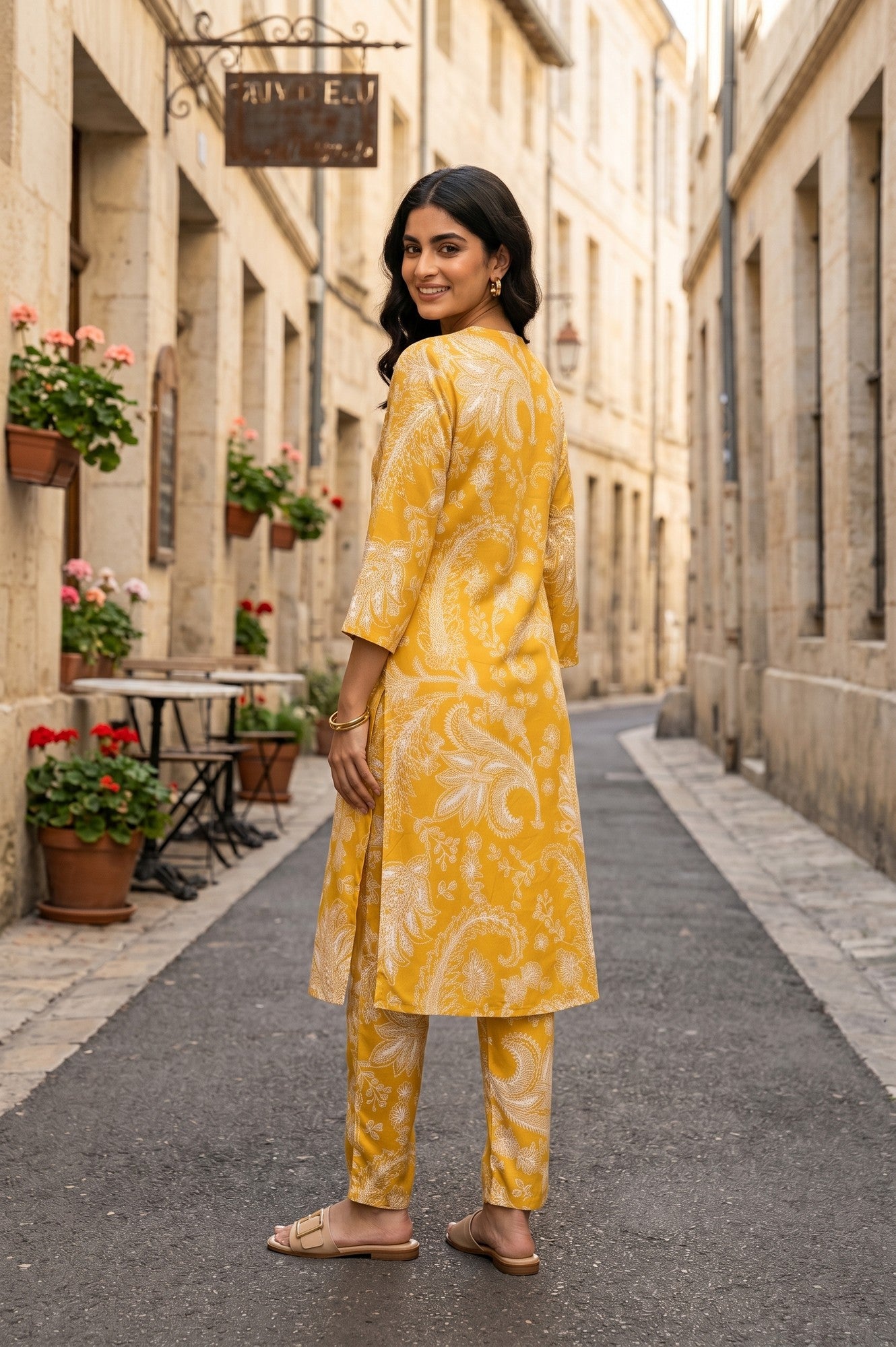 Mustard Paisley Printed Satin Straight Kurta With Pants Co-ord Set