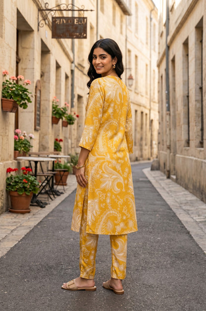Mustard Paisley Printed Satin Straight Kurta With Pants Co-ord Set