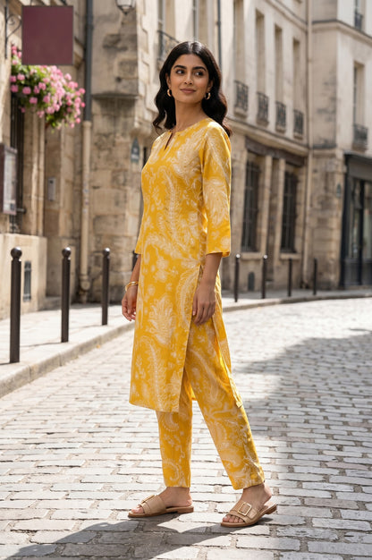 Mustard Paisley Printed Satin Straight Kurta With Pants Co-ord Set