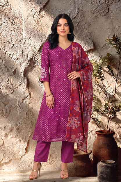 Purple Embroidered Chanderi Straight Kurta with Pants and Dupatta Set