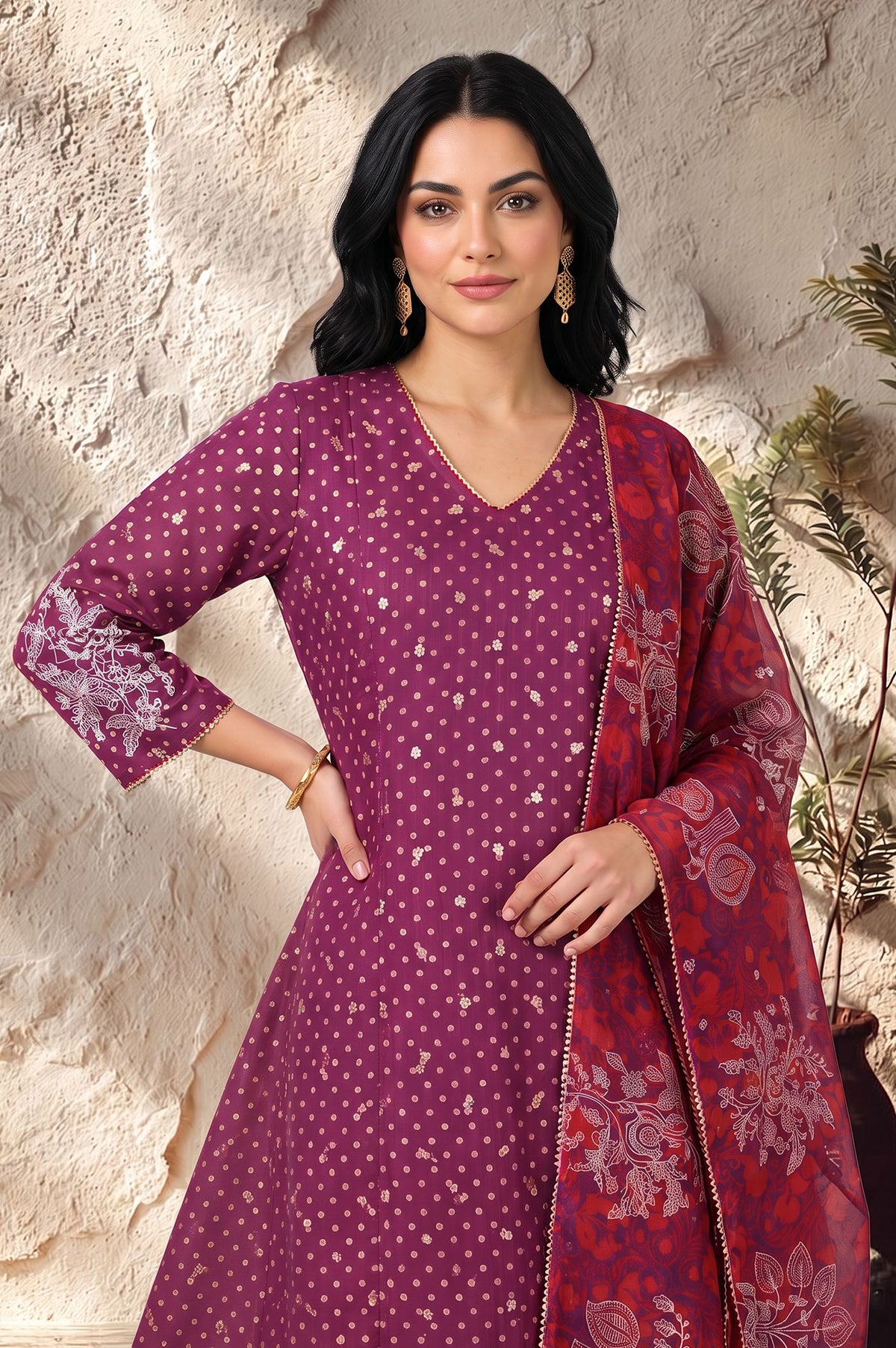 Purple Embroidered Chanderi Straight Kurta with Pants and Dupatta Set