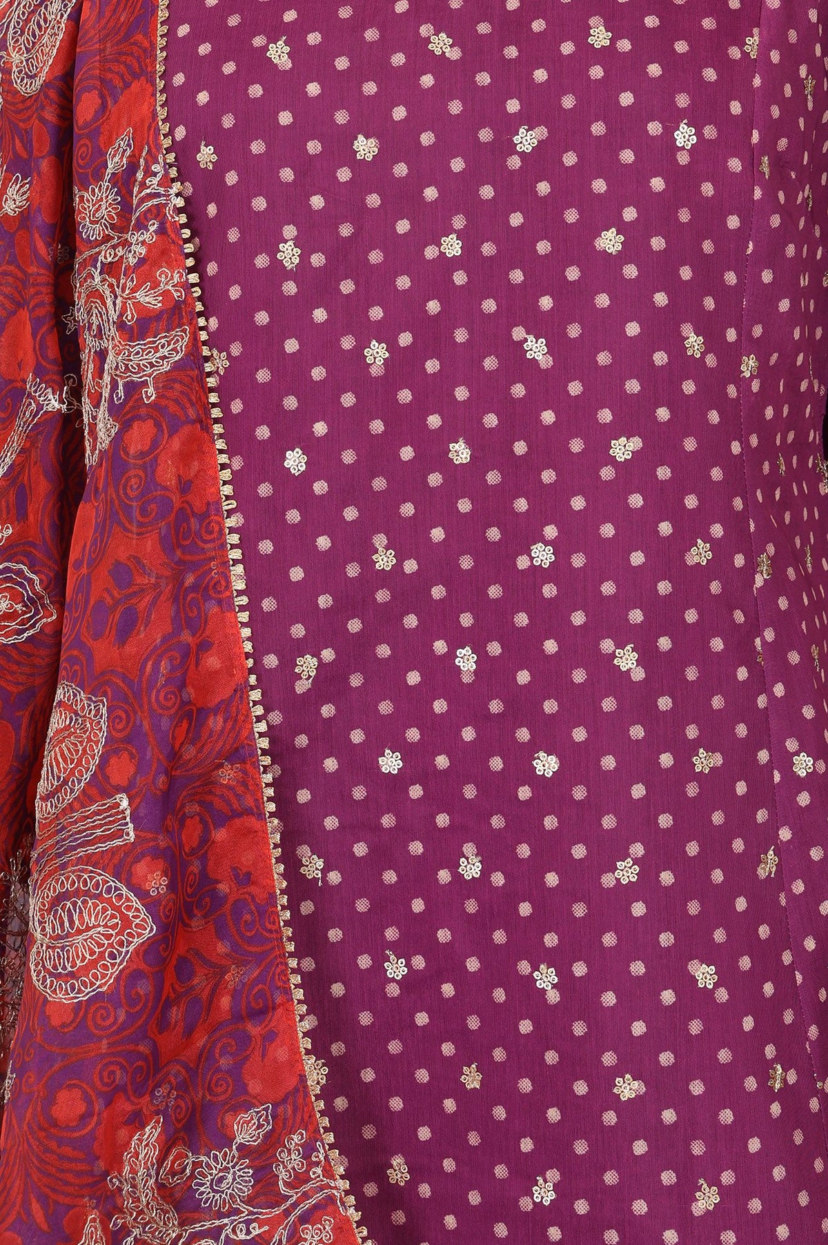 Purple Embroidered Chanderi Straight Kurta with Pants and Dupatta Set