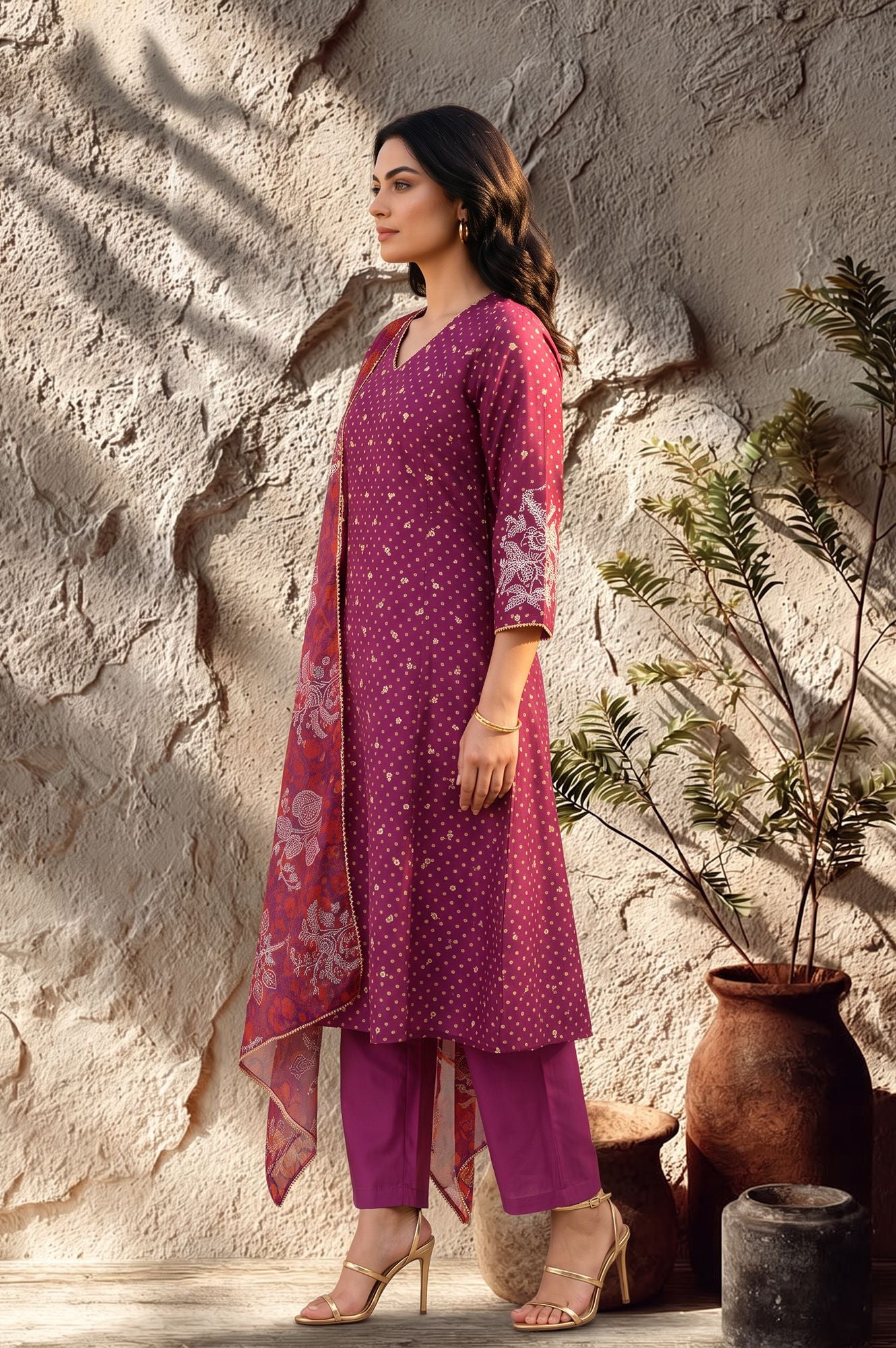 Purple Embroidered Chanderi Straight Kurta with Pants and Dupatta Set