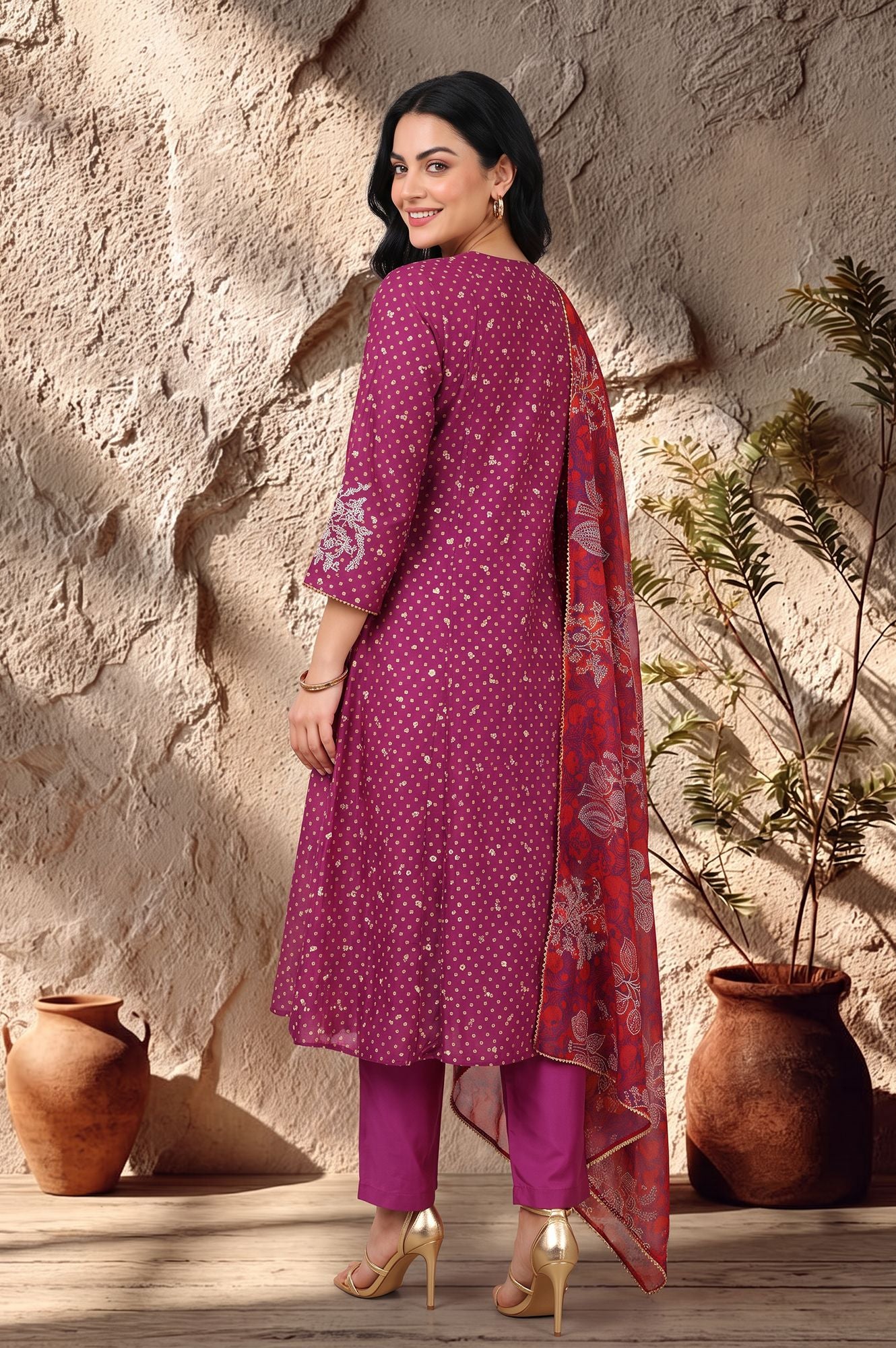 Purple Embroidered Chanderi Straight Kurta with Pants and Dupatta Set