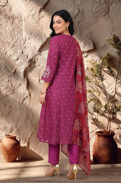 Purple Embroidered Chanderi Straight Kurta with Pants and Dupatta Set
