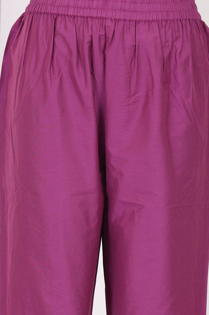 Purple Embroidered Chanderi Straight Kurta with Pants and Dupatta Set