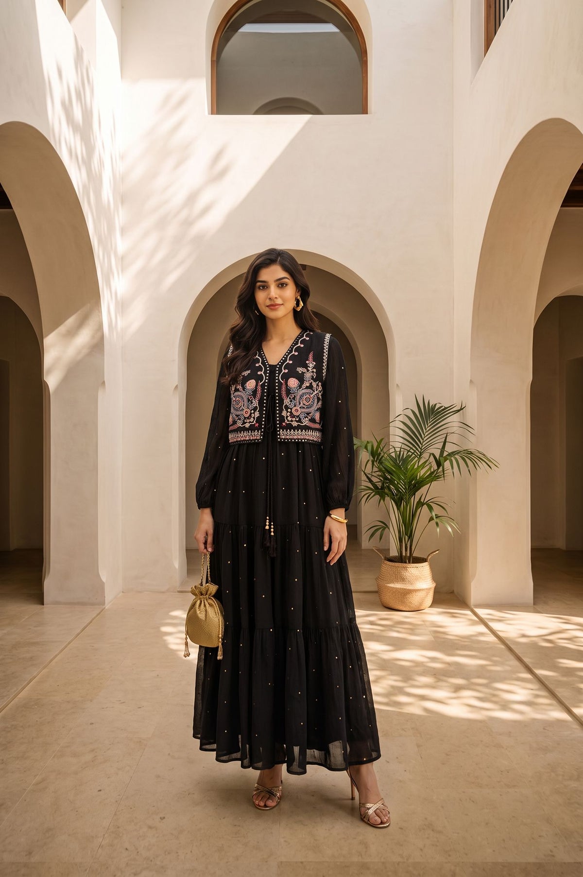 Black Embroidered Flared Dress with Short Jacket