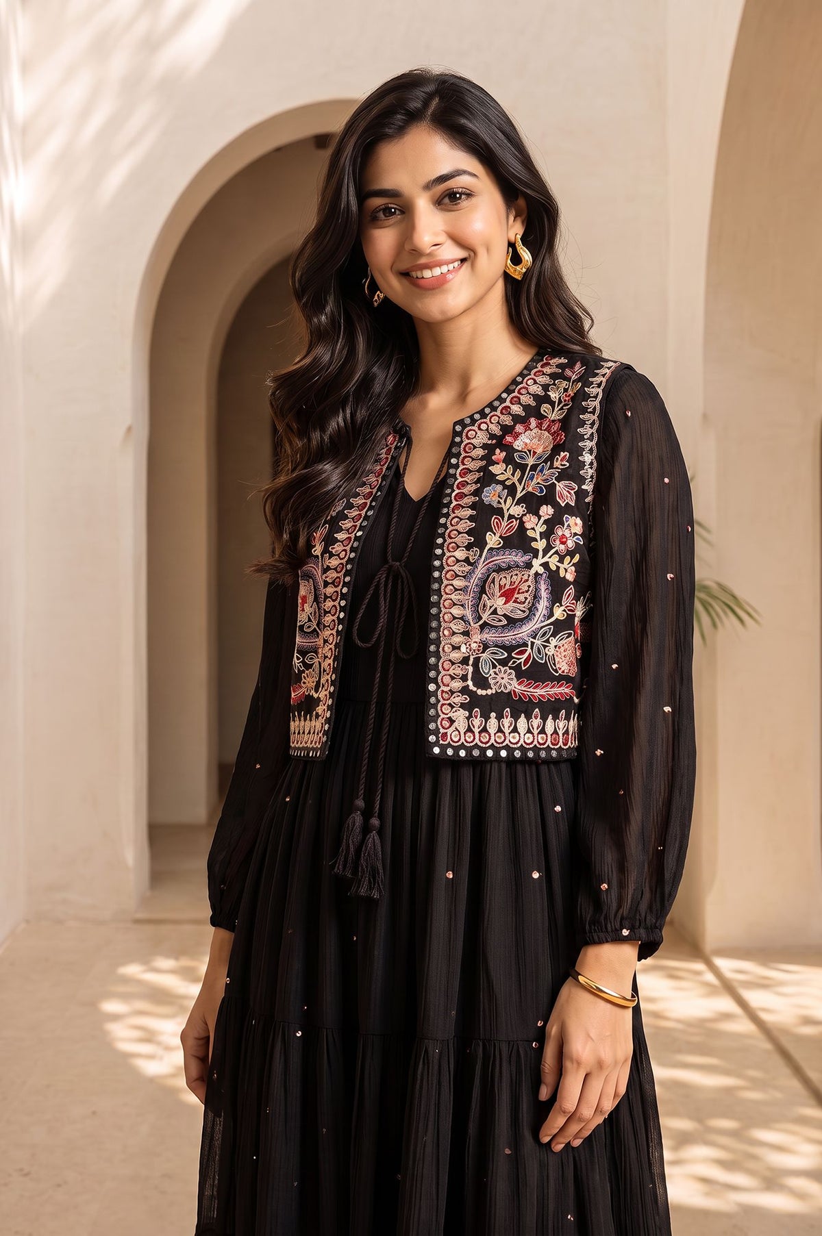 Black Embroidered Flared Dress with Short Jacket