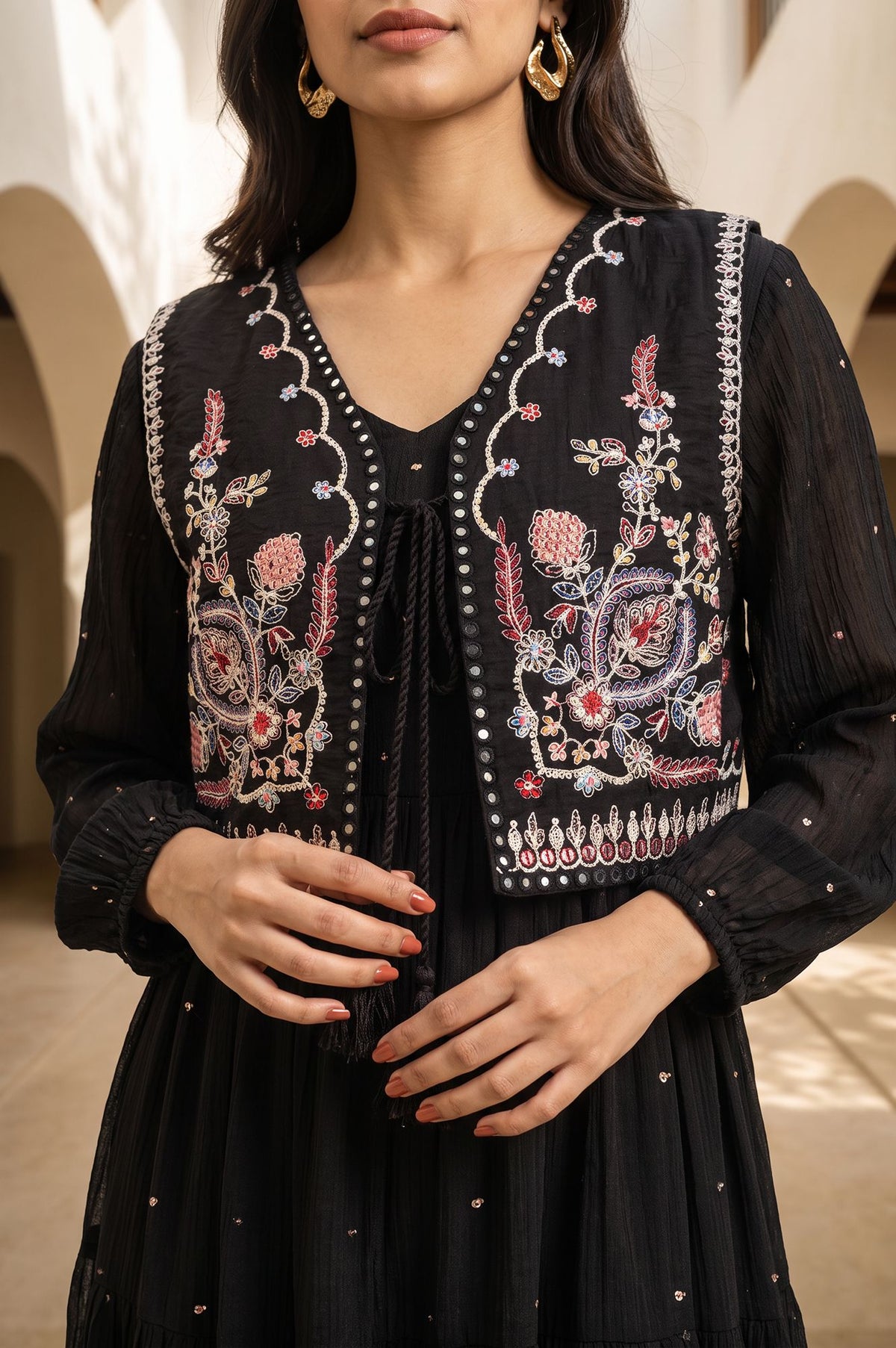 Black Embroidered Flared Dress with Short Jacket