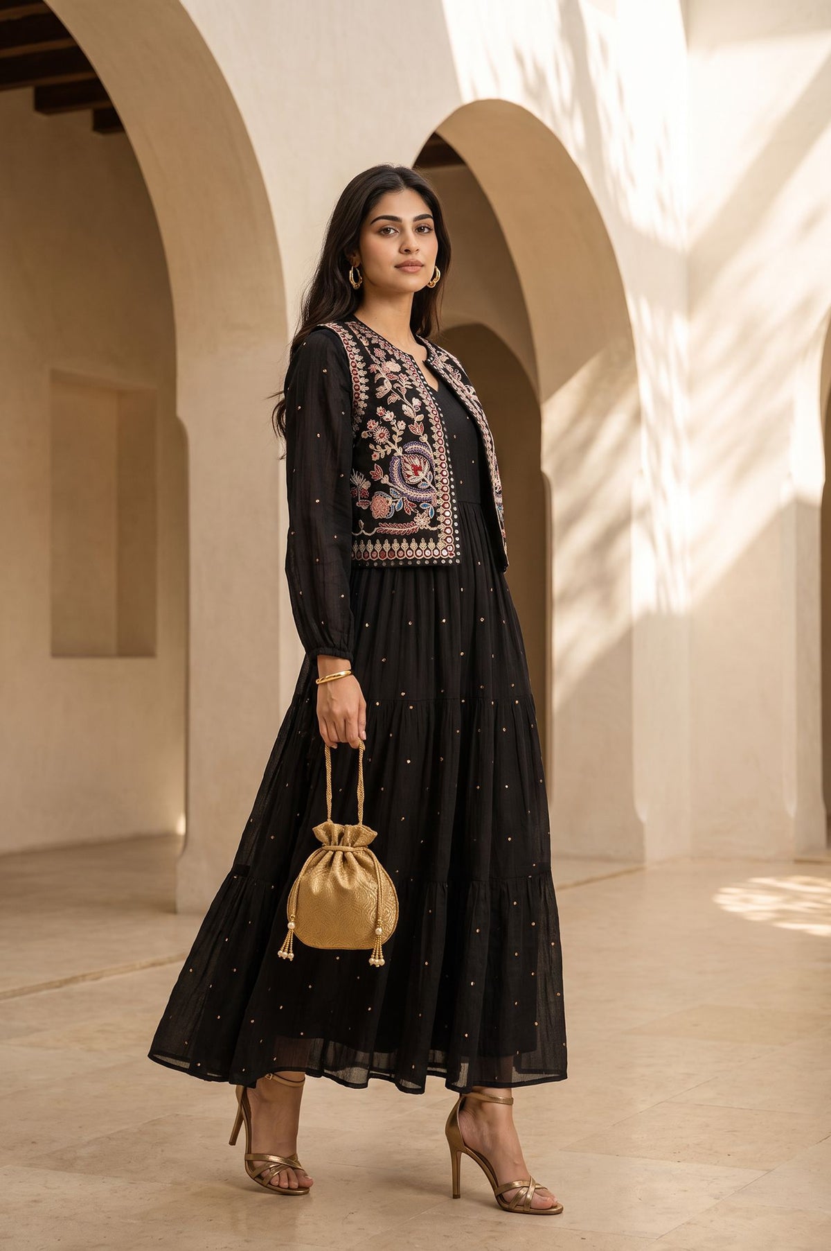 Black Embroidered Flared Dress with Short Jacket